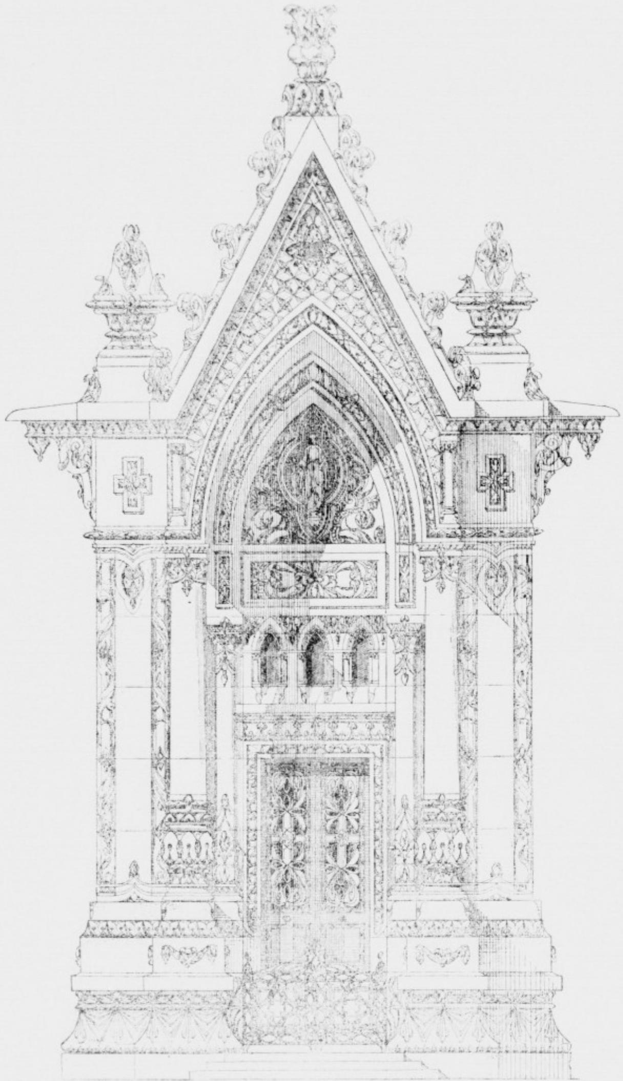 A detailed architectural drawing of a Gothic portal, featuring a pointed archway with multiple recessed moldings, a large rose window above the door, and a highly decorated tympanum. The entire structure is flanked by tall, narrow towers or buttresses, each topped with a statue. The base of the portal is decorated with intricate carvings and a small set of steps leading to the double doors.