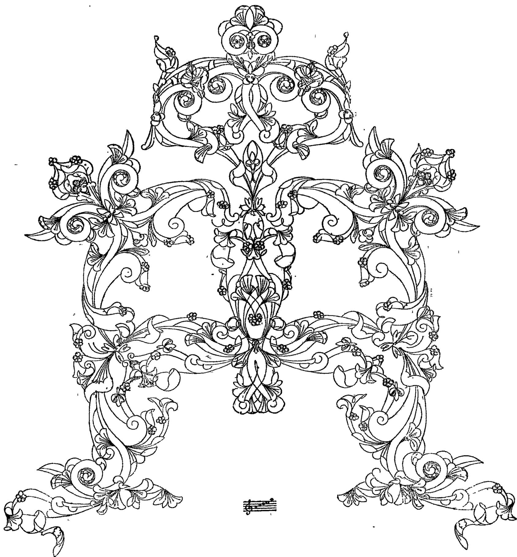 A highly ornate, symmetrical decorative border or frame, featuring intricate scrollwork, floral motifs, and a central vertical axis. A small musical staff icon is visible near the bottom center.