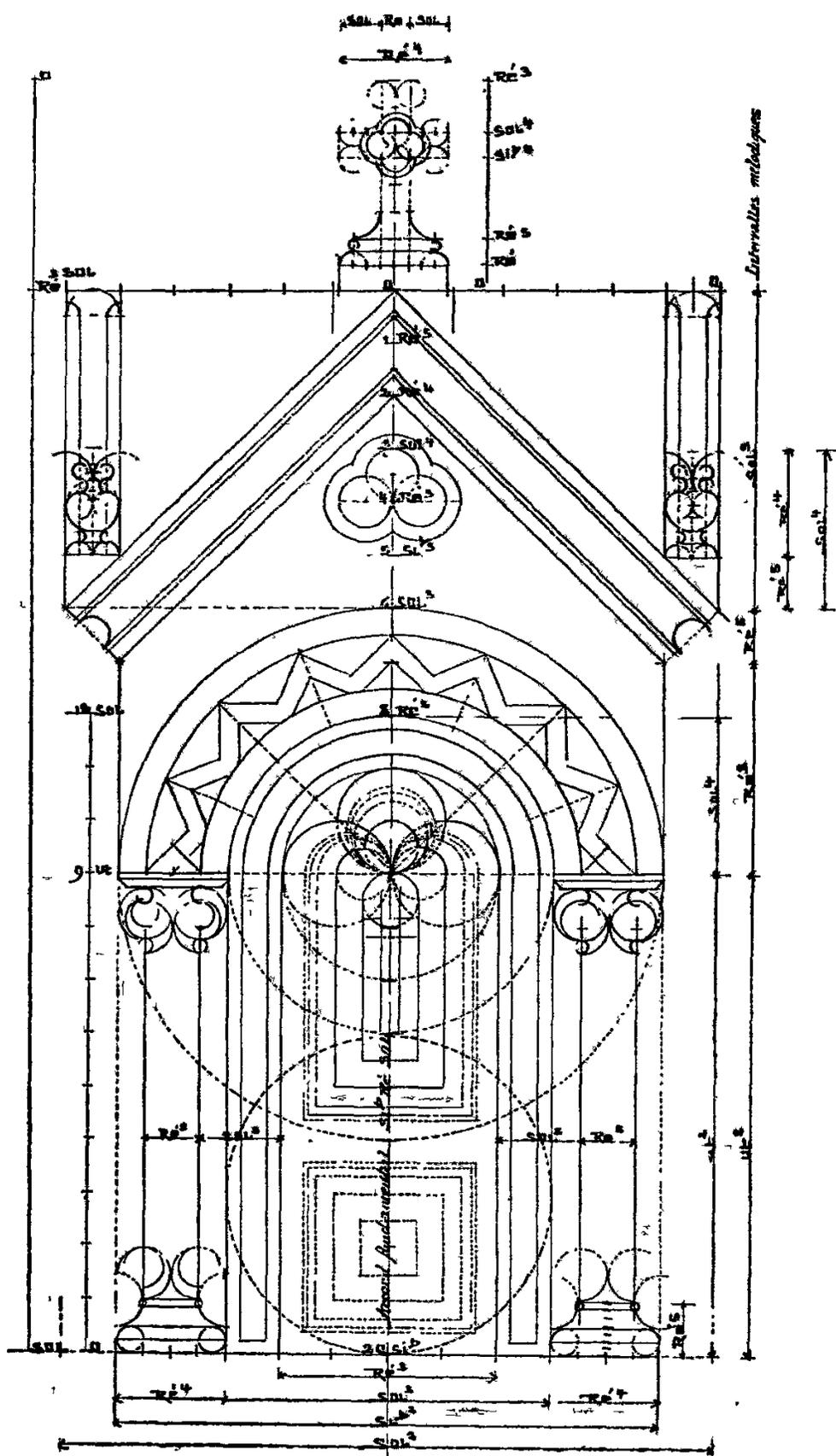 A complex architectural drawing of a stela, labeled as the 'Archeometer of Saint-Yves'. The drawing is highly symmetrical and features a central archway. It is covered with numerous geometric construction lines, circles, and triangles. Labels in French musical notation (e.g., 'G', 'D', 'B', 'A') and numerical fractions (e.g., '1/2', '1/3', '1/4') are placed throughout to indicate proportions. On the right side, a vertical scale is labeled 'Melodic intervals'. The overall design is intricate, showing the underlying harmonic structure of the form.