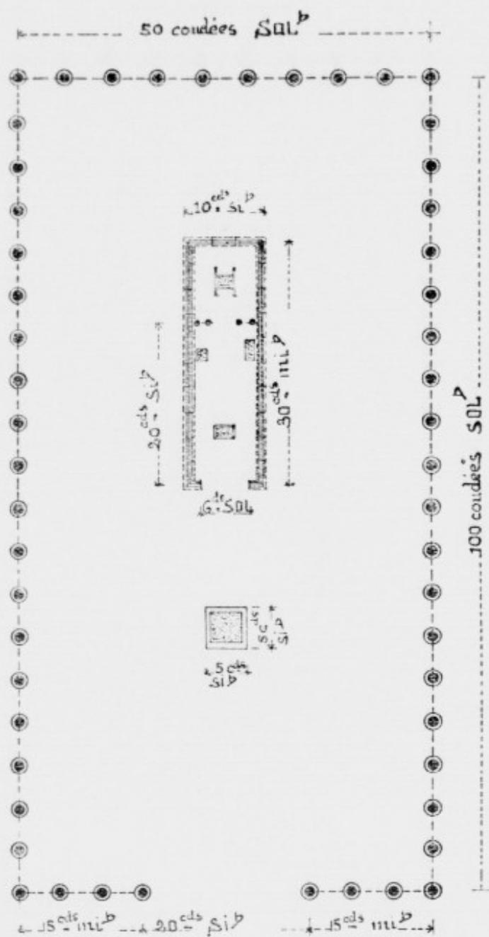 Architectural drawing of the Tabernacle from Exodus. It shows an outer rectangular boundary of 50 cubits by 100 cubits, marked with dots. Inside, a smaller rectangle represents the sanctuary, 20 cubits wide by 30 cubits long. Various internal features are labeled with measurements in cubits and Solomon's cubits (Sol. P.), such as 10 cubits, 20 cubits, 5 cubits, and 15 cubits. The entrance is at the bottom, flanked by 15 cubits and 20 cubits segments.