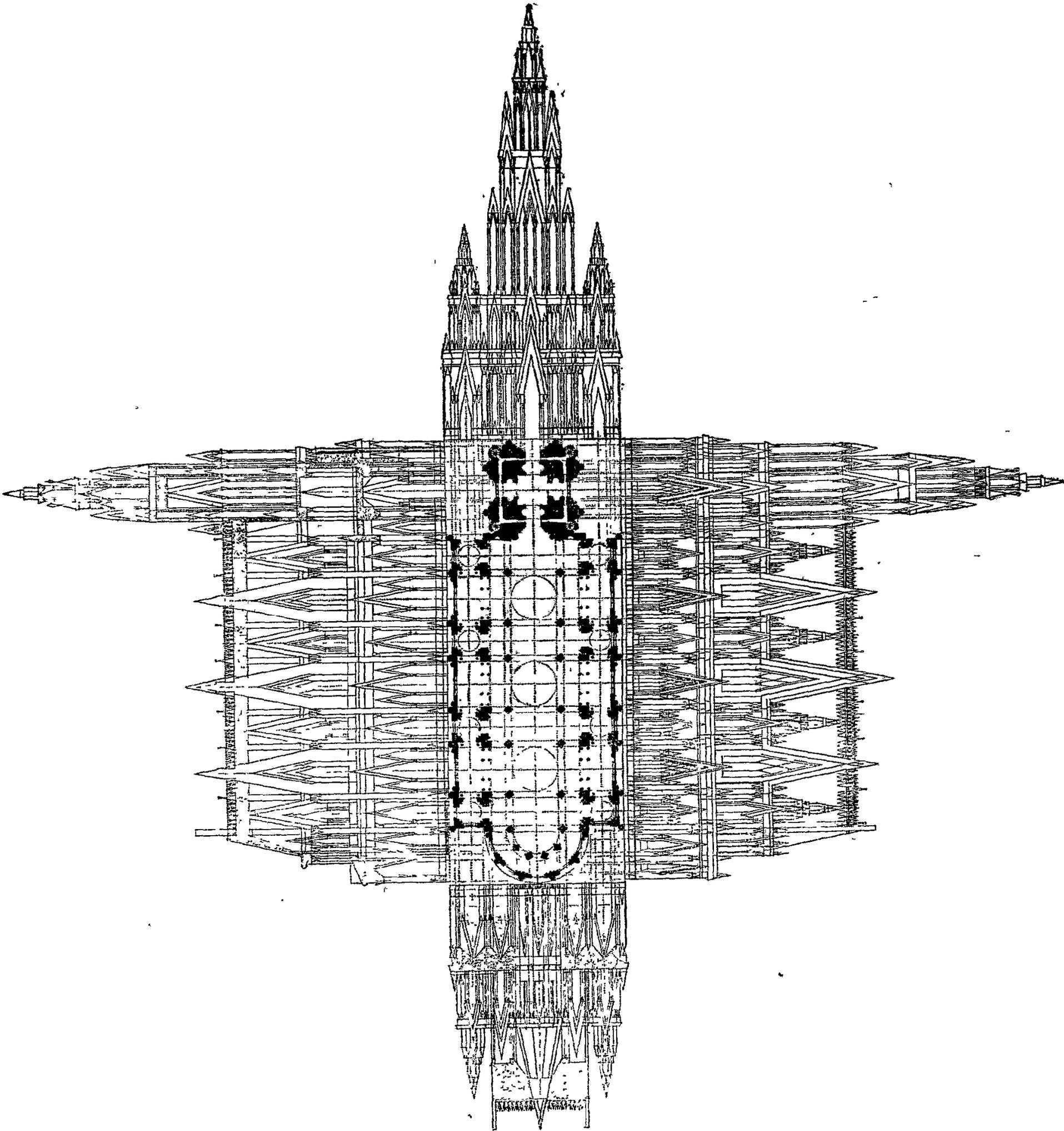 A detailed architectural drawing of a church, showing a cross-section and elevation of the roof structure (charpente). The drawing features a central nave with multiple levels of timber framing, including horizontal beams and diagonal bracing. The roof is covered with shingles or tiles. At the top, a tall, ornate spire rises from the roofline, featuring multiple tiers of gables and a pointed finial. The drawing is executed in a precise, technical style with fine lines and shading to indicate depth and structure.