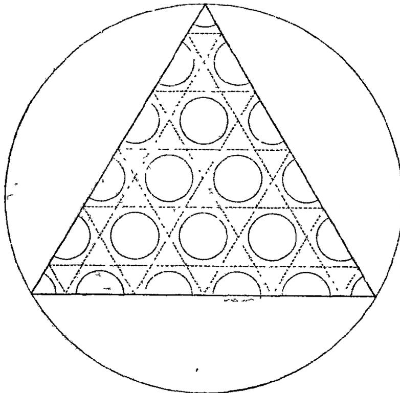 A diagram showing an equilateral triangle inscribed within a circle. The triangle is subdivided into a grid of smaller equilateral triangles. Within this grid, several circles are inscribed, some fully within the smaller triangles and others partially at the edges, illustrating the '21 circles' mentioned in the text.