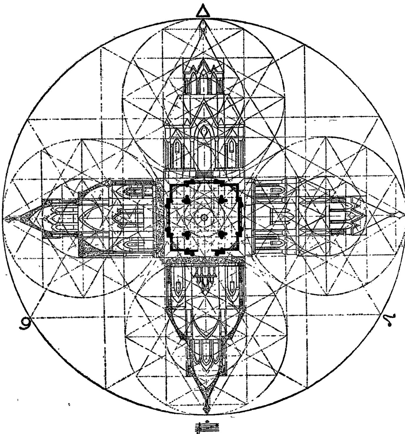 A complex architectural drawing of a Neo-Gothic chapel plan, titled '4e Style (Néo-Gothique). — CHAPELLE DE MARIE.' The drawing is overlaid with a geometric grid of circles and lines, illustrating the 'Archéomètre-Régulateur' (Archéometer-Regulator) used for harmonic control. The plan shows a central nave with a pointed apse at the top, side aisles, and a complex entrance at the bottom. The geometric overlay includes a large circle at the top, smaller circles along the sides, and a grid of intersecting lines forming various angles and proportions. The letters '9' and '2' are visible on the left and right sides of the main circle, respectively. At the bottom center, there is a small musical staff symbol.