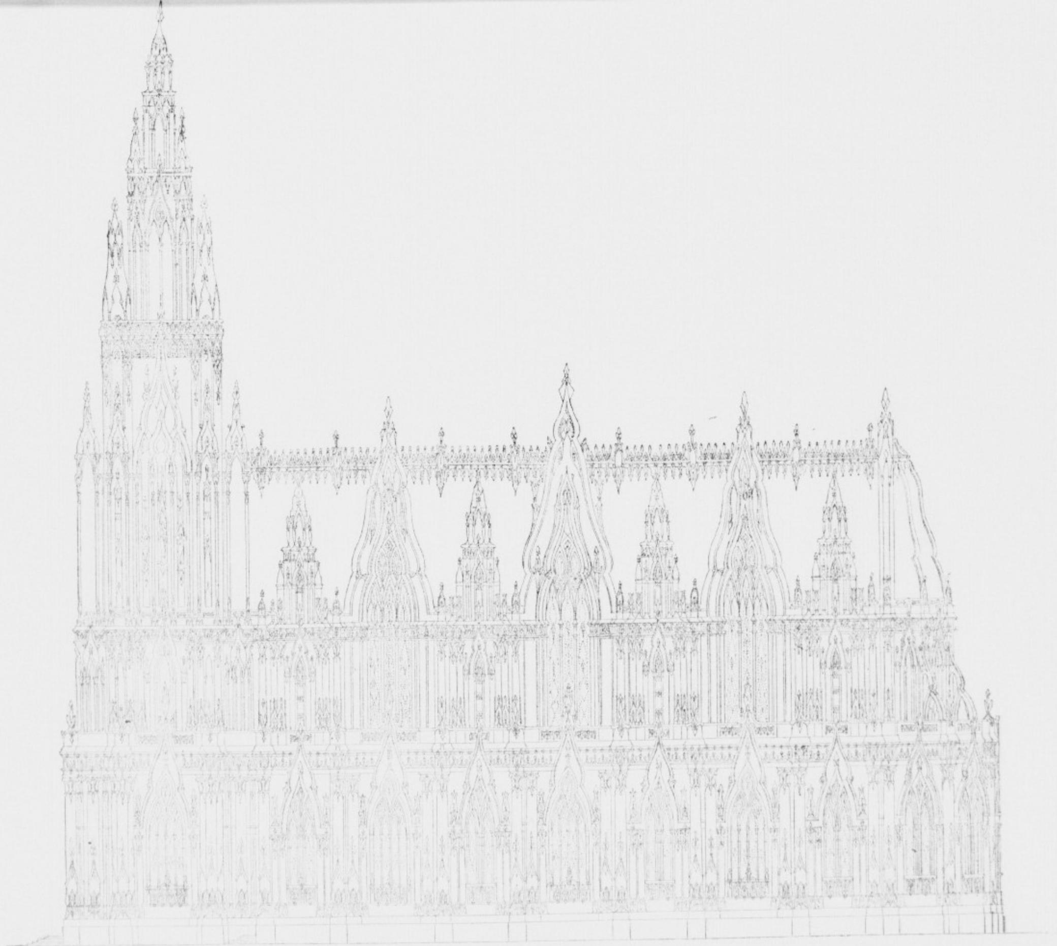 A detailed black and white architectural line drawing of the lateral facade of a Gothic church, likely Amiens Cathedral. The drawing shows the complex structure of the choir and apse, characterized by a series of pointed arches, flying buttresses, and tall spires. The central spire is the most prominent feature, rising above the rest of the roofline. The facade is highly detailed with intricate tracery and numerous small spires and pinnacles. The drawing is executed in a precise, technical style typical of architectural engravings from the 19th century.