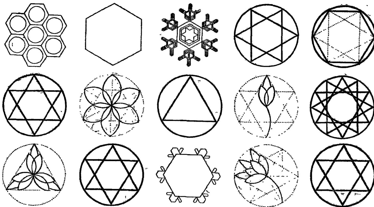 A grid of 15 diagrams illustrating various crystallization and natural morphology patterns. The diagrams are arranged in three rows of five. The top row shows a hexagonal cluster of circles, a plain hexagon, a complex star-like crystalline structure, a circle with an inscribed hexagram, and a circle with a more complex star pattern. The middle row shows a circle with a hexagram, a circle with a floral pattern, a circle with a single triangle, a circle with a stylized leaf pattern, and a circle with a complex star pattern. The bottom row shows a circle with a floral pattern, a circle with a hexagram, a hexagon with small circles at its vertices, a circle with a stylized leaf pattern, and a circle with a hexagram.