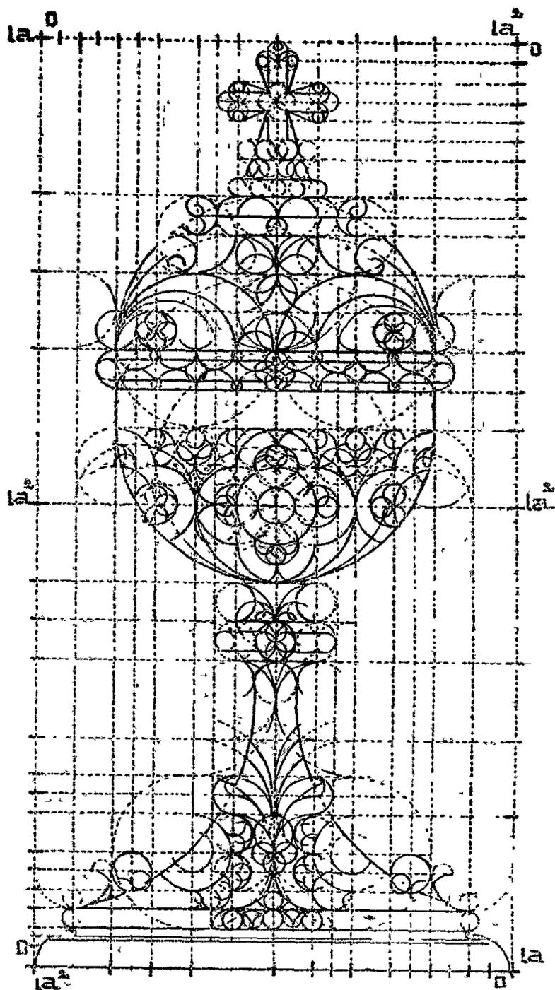 A technical drawing of a chalice design on a grid. The grid is marked with musical notes: 'la' at the top corners, 'D' at the top center, 'la' at the middle corners, and 'D' at the bottom center. The design features intricate, symmetrical scrollwork and floral motifs that follow the grid lines.