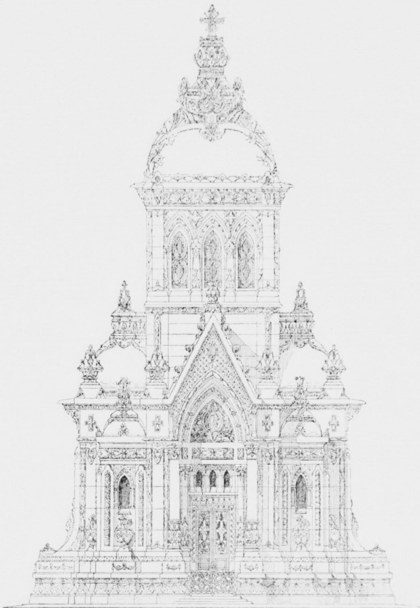 A detailed architectural drawing of the facade of the Grande Chapelle, showing its Gothic (ogival) style. The facade is highly ornate, featuring a large central rose window, multiple smaller windows, and a tall, multi-tiered tower topped with a cross. The drawing is a black and white line illustration.