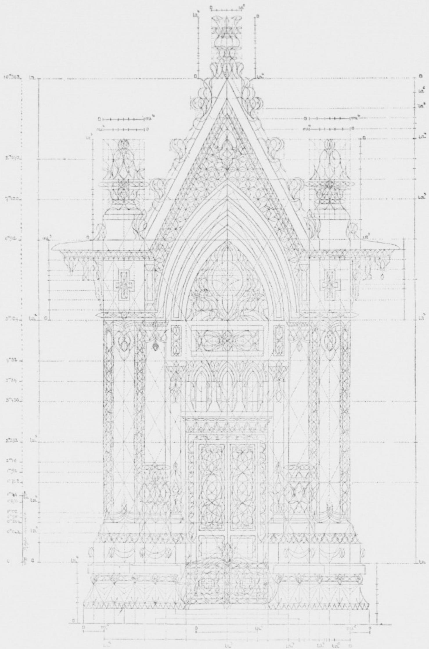 A detailed architectural drawing of the entrance porch and door of the Grande Chapelle, showing the ogival (pointed) style. The drawing is a front elevation with a complex grid of construction lines and measurements. The central feature is a pointed archway with multiple recessed archivolts containing intricate tracery. Above the arch is a large triangular gable filled with a dense, symmetrical tracery pattern. The entire structure is flanked by vertical pilasters and topped with decorative finials. Numerous dimension lines are present, labeled with numbers and letters such as '10m 00', '5m 00', '0m 00', 'La', 'Li', 'Mi', '0', '1', '2', '3', '4', '5', '6', '7', '8', '9', '10'. The drawing is highly detailed, showing the ornate carvings and structural details of the Gothic-style entrance.