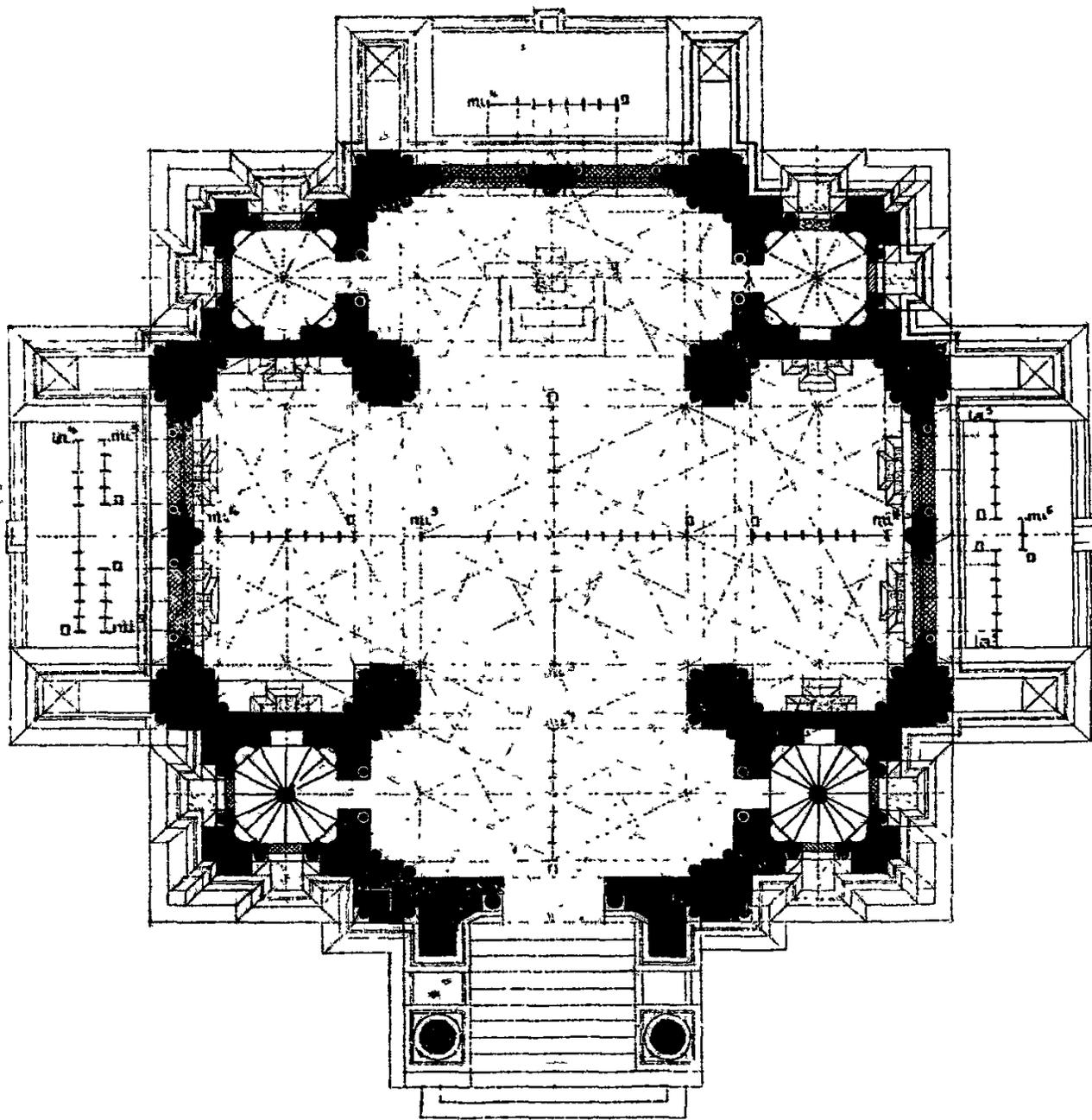 Architectural floor plan of the Grande Chapelle in Gothic style, showing a symmetrical layout with a central nave, side chapels, and a detailed rose window at the bottom.
