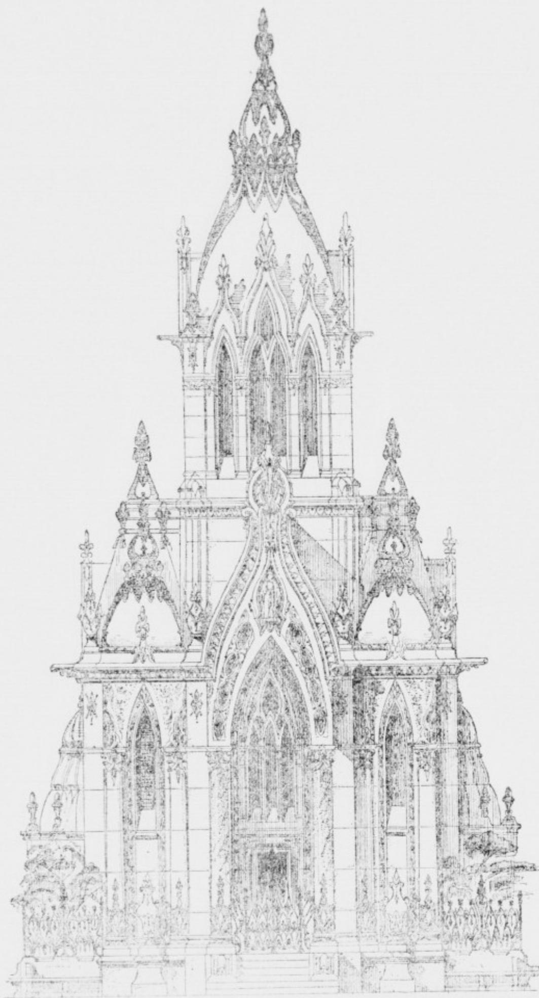 A detailed black and white architectural drawing of a Gothic-style chapel, labeled 'GRANDE CHAPELLE'. The drawing shows the front elevation of the structure, which is highly ornate and symmetrical. The central feature is a large, pointed archway with intricate tracery. Above this arch is a smaller, similarly pointed archway, and above that, a tall, narrow spire with multiple tiers of pointed arches and finials. The sides of the chapel are decorated with smaller arches and spires. The entire drawing is composed of fine lines and cross-hatching, giving it a technical, architectural appearance.